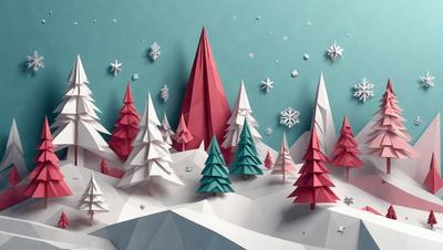 The primary subject of the image is a snowy landscape featuring a mountain and a forest. The setting is a winter scene with snow covering the ground and trees. The visual style is a combination of digital art and illustration, creating a three-dimensional effect. The colors and mood are predominantly white and cold, with a touch of warmth from the red trees.